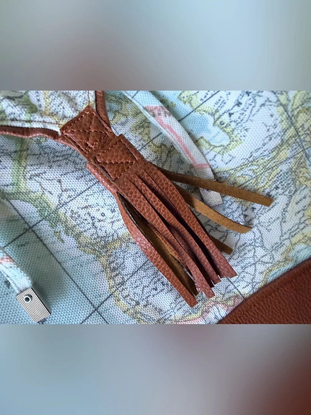 World Map Backpack w Brown Faux Leather Accents and Silver Tone Hardware NEW